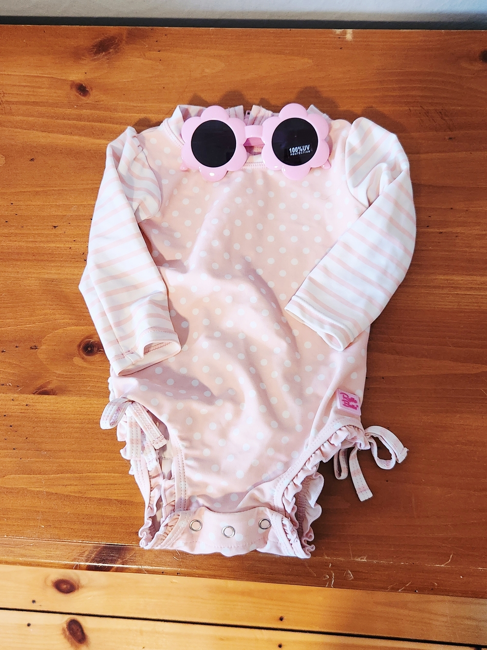 Ruffle Butts 6-12 Month Pink Polka Dot Long-Sleeve One-Piece Swimsuit
